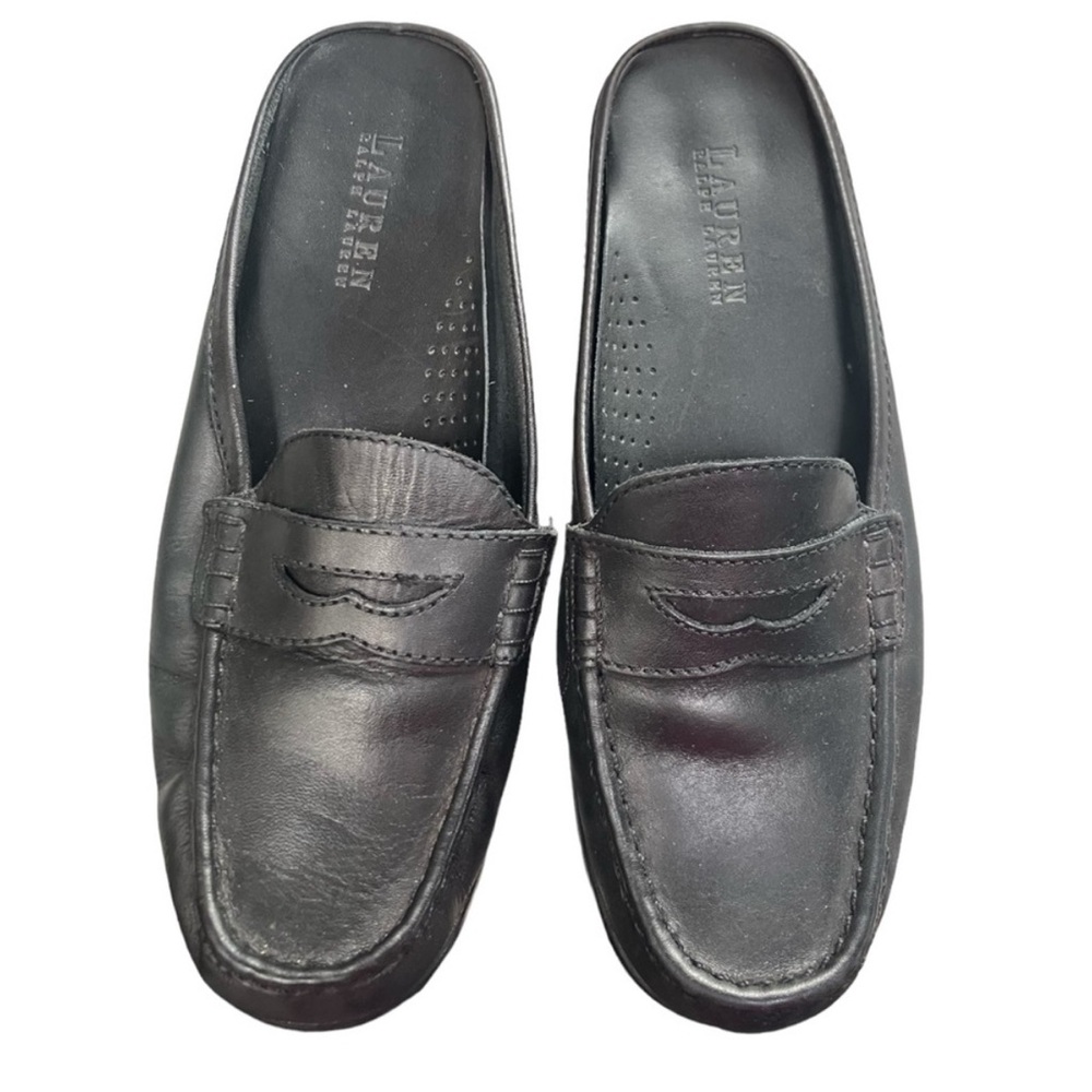 Lauren Ralph Lauren Black Leather Slip On Penny Loafer Slides Women’s Size 8B